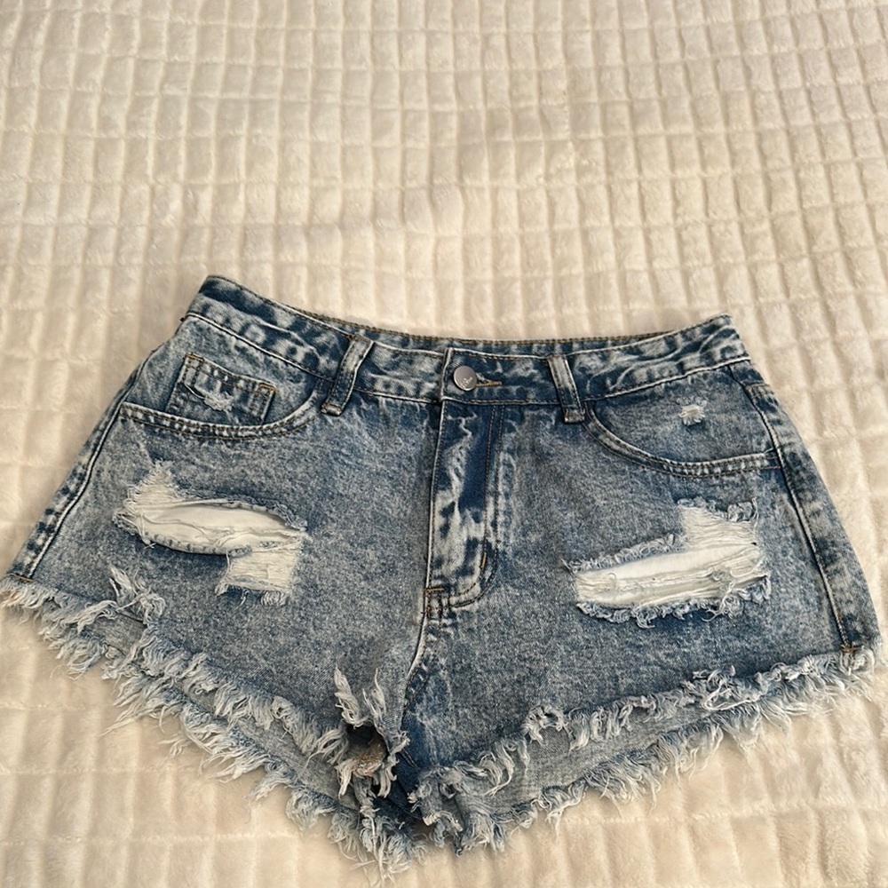 Distressed Denim Blue Shorts